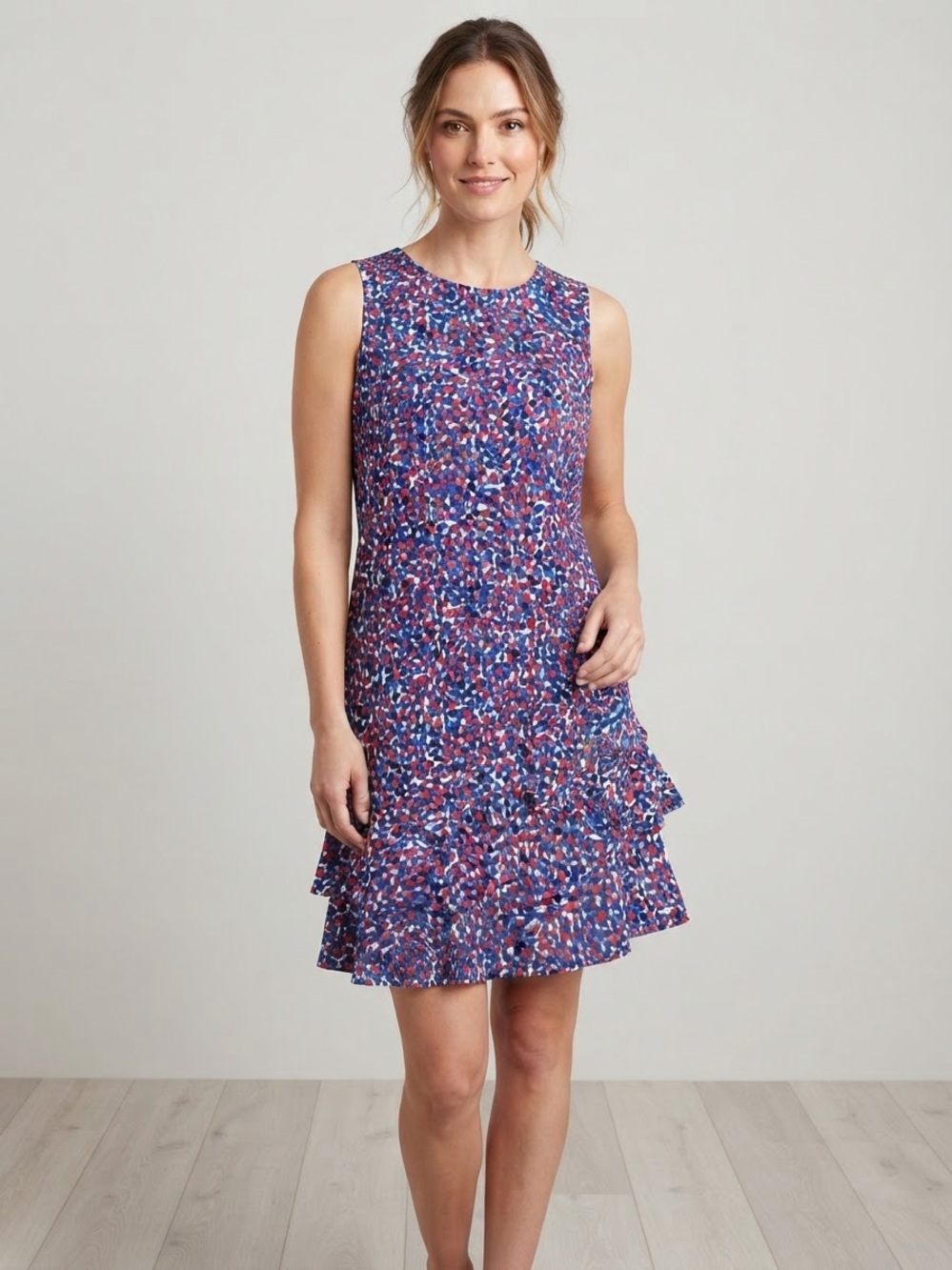 Shelby &Palmer Women's S Blue Red Abstract Print Tiered Ruffle Shift Dress Retro